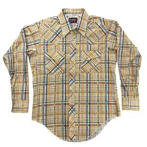 Out West Campus Vintage 1970's Western Shirt Plaid Pearl Snaps Men's L USA